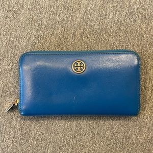 Tory Burch blue leather continental wallet with gold hardware